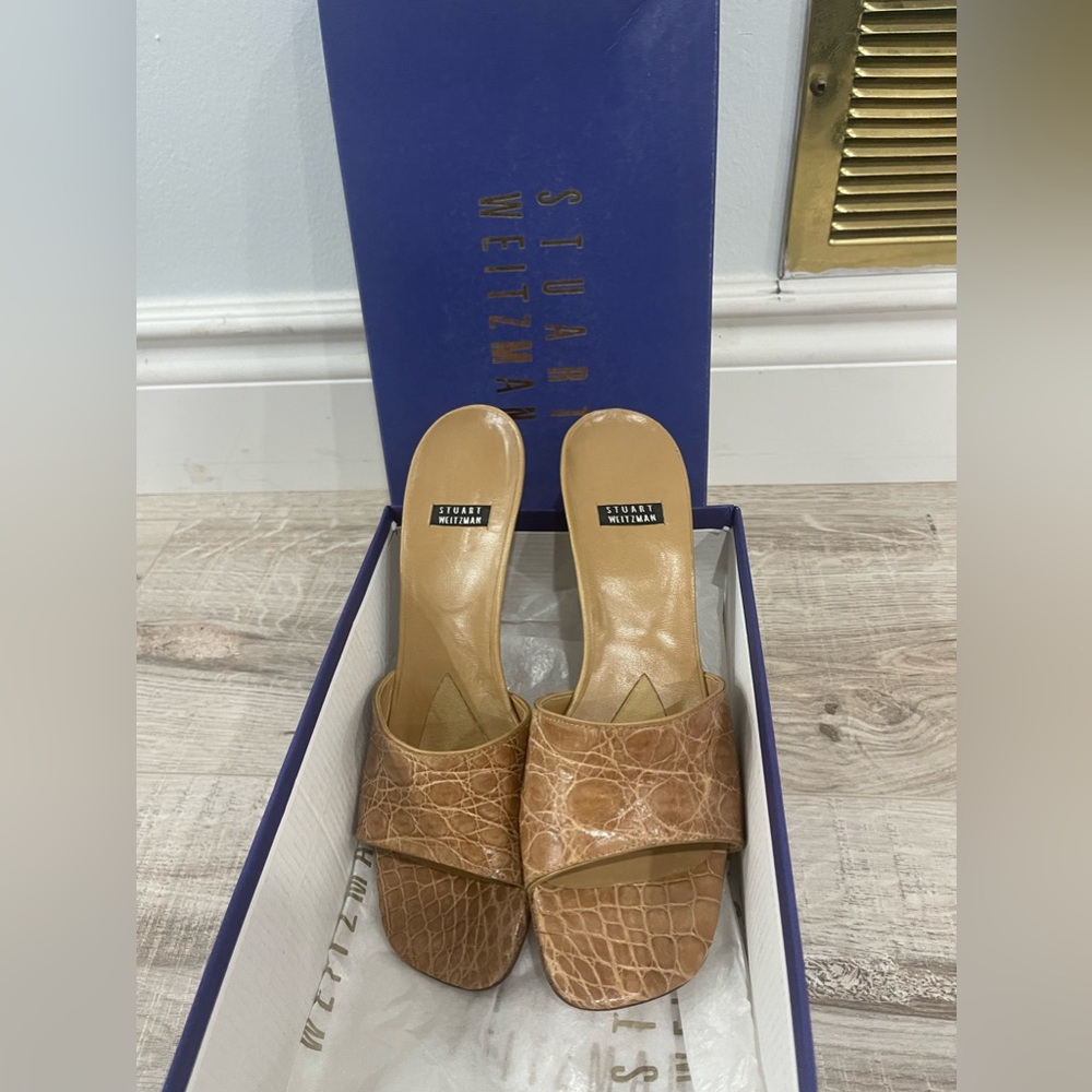 Stuart Weitzman Croc-Embossed Tan Slide Sandals